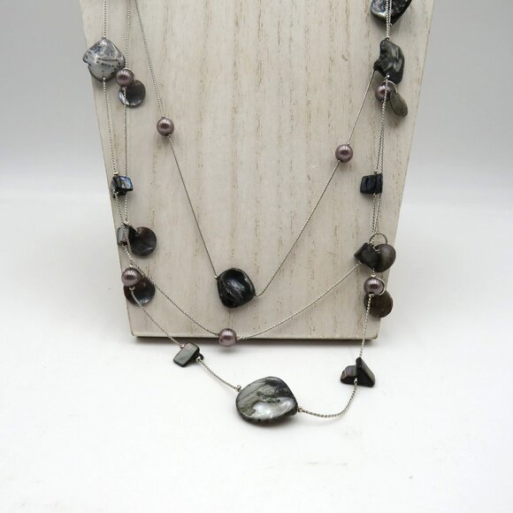 Long Layered Mother of Pearl Shell Necklace 24" Silver Tone Beads Adjustable - Picture 2 of 6